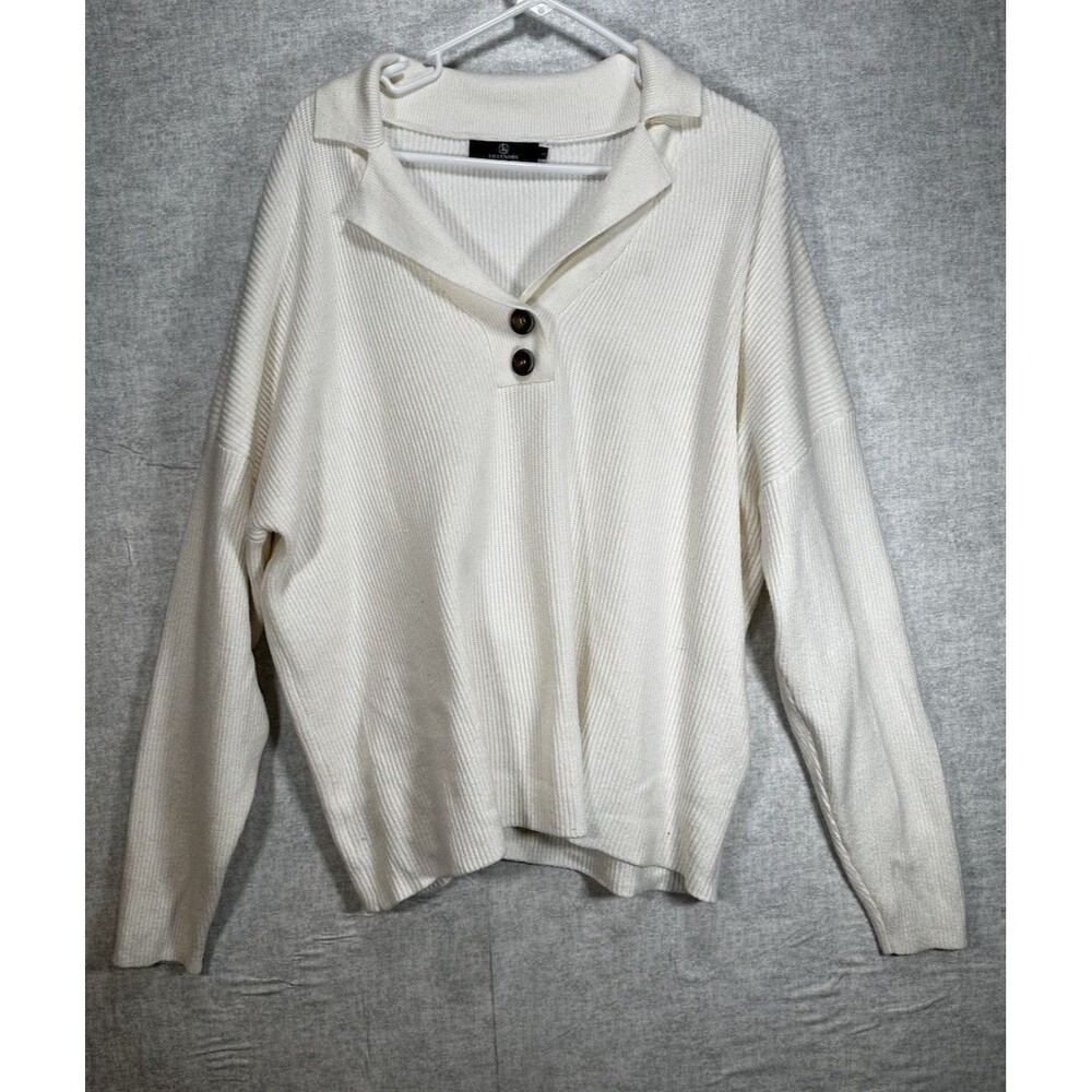 LILLUSORY Oversized Sweater Ribbed Knit White V Neck 2 Button Collared Sz Large